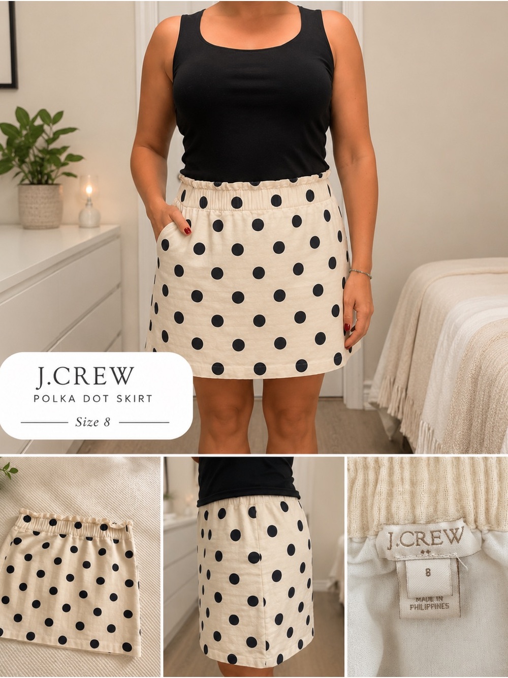 J. Crew Cream Mini Skirt with Black Polka Dots